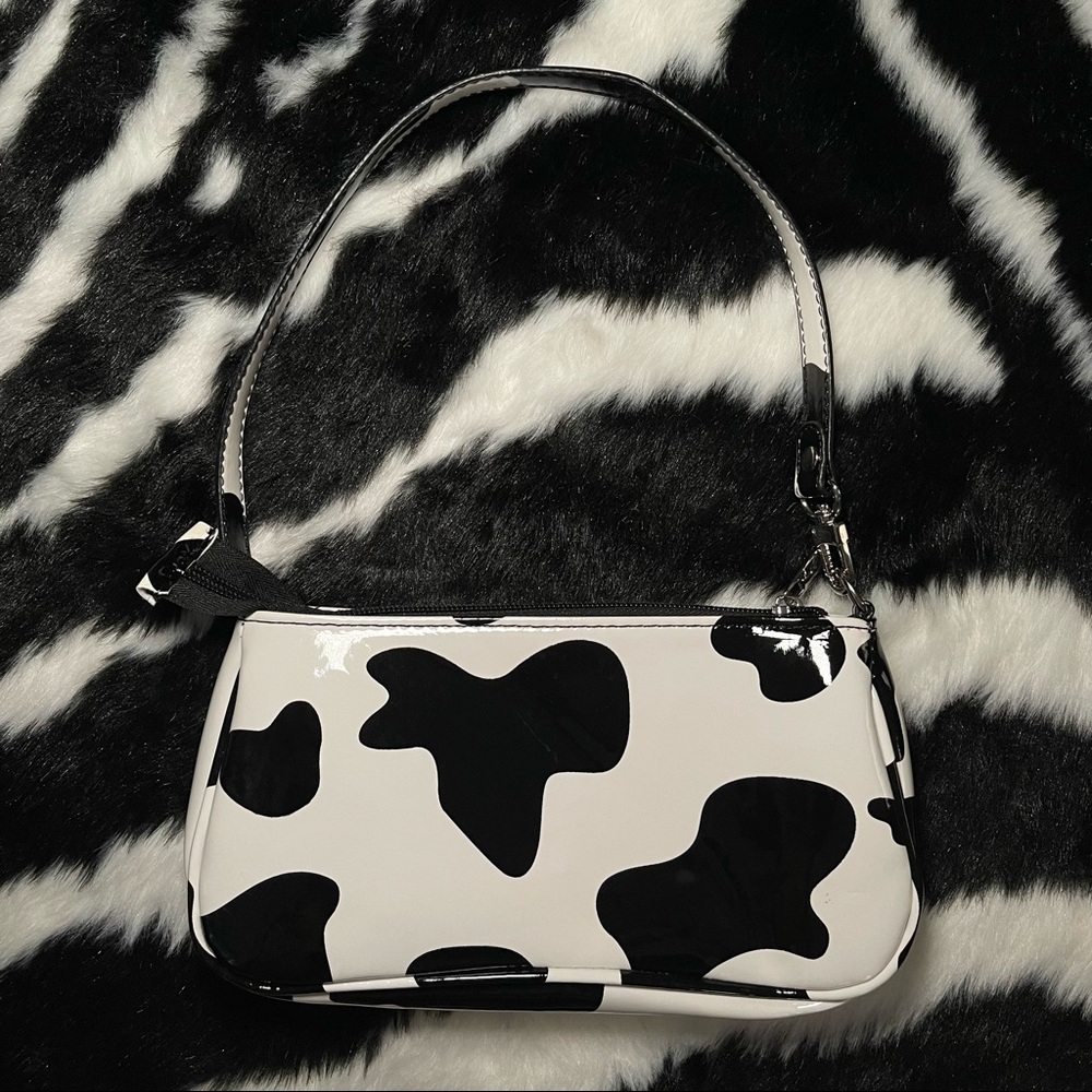 Cow Print Faux Leather Baguette Bag
